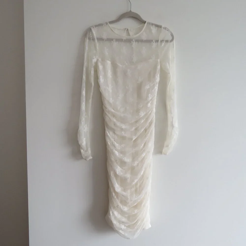 BHLDN Bailee White Lace Ruched Stretch Bodycon Dress Romantic Wedding Size S - Picture 2 of 14